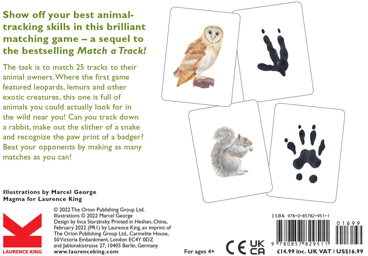 Back of Match a Track Near You card game box showing barn owl and grey squirrel watercolour cards with track prints