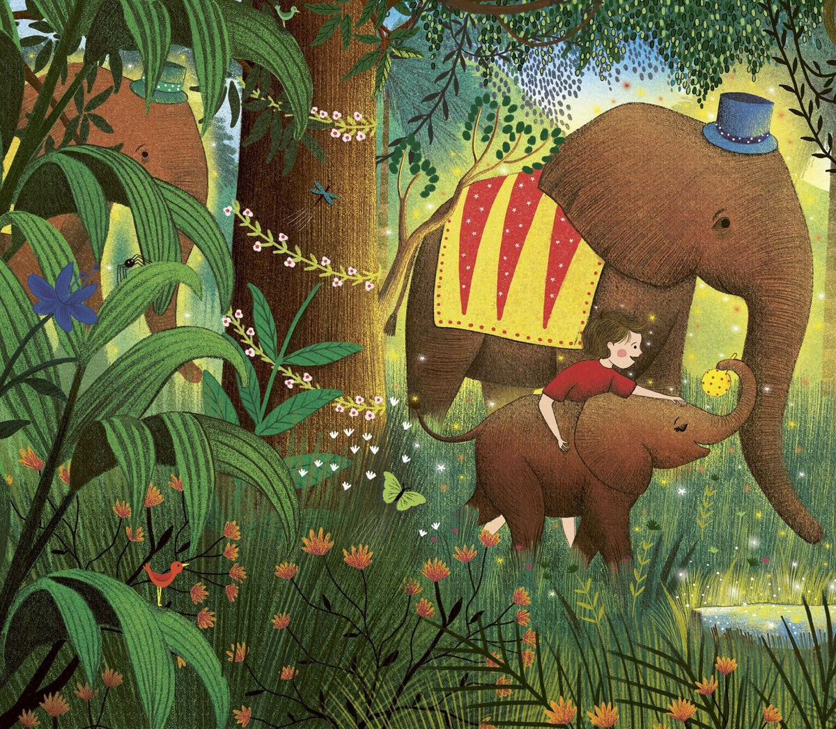 Story Orchestra Carnival of the Animals book illustration: child hugging baby elephant with top-hatted elephant in jungle
