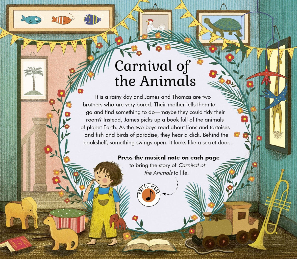 Story Orchestra Carnival of the Animals illustrated opening page with floral wreath, bunting, child character and Press Here
