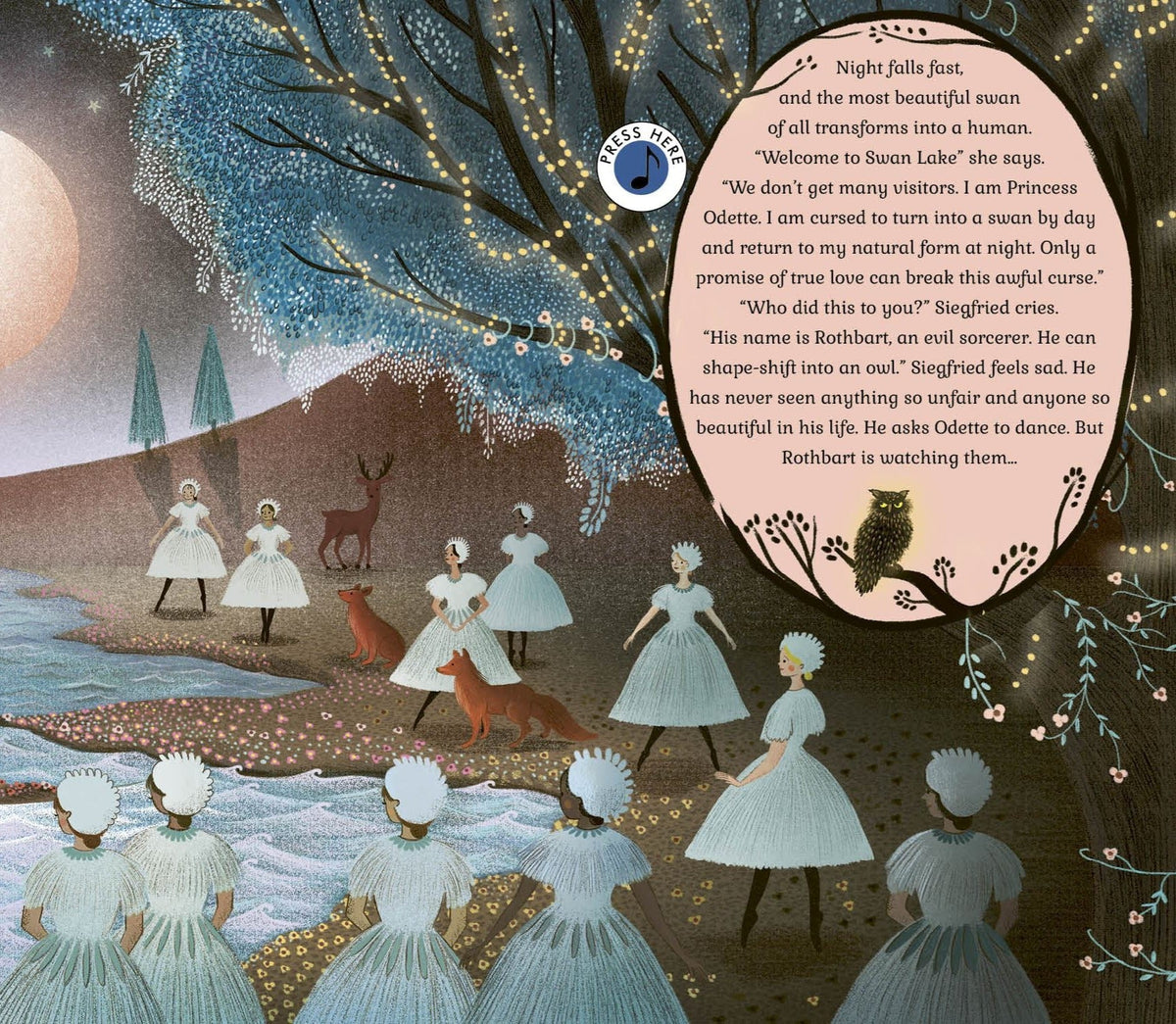 The Story Orchestra Swan Lake interior spread showing swan maidens by moonlit lake with press-here music button