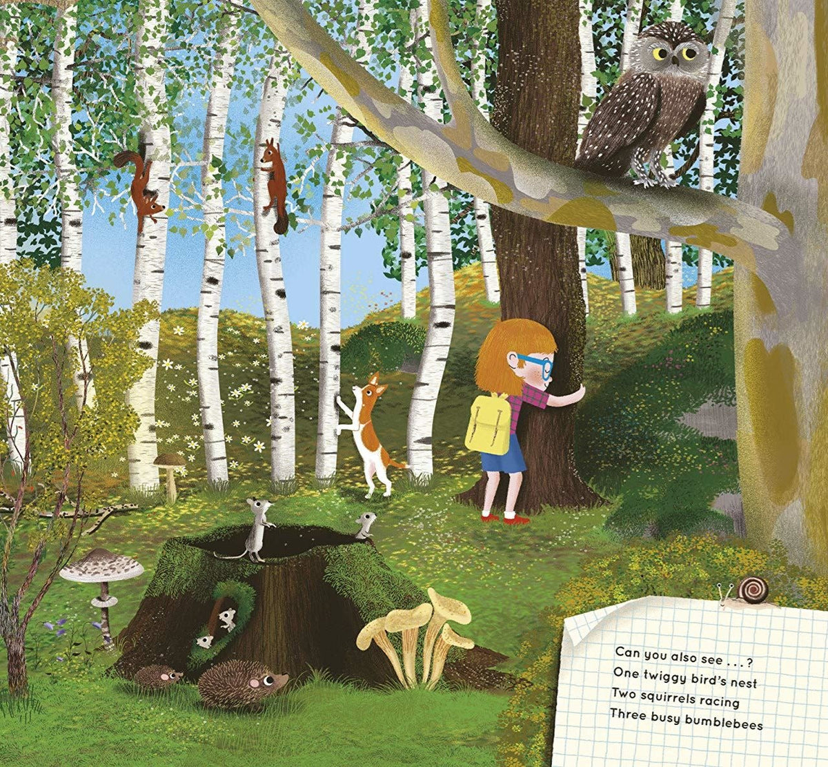 Look What I Found in the Woods interior spread: girl in birch forest with dog, owl, squirrels, hedgehog, and search-and-find
