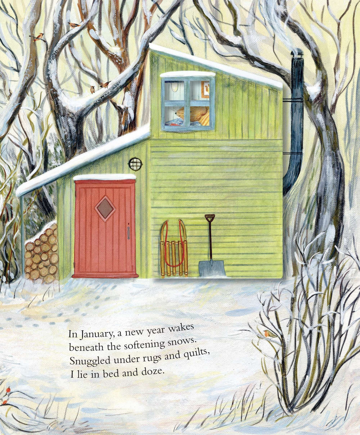 Mouse's Wood book illustration: cosy winter cabin with red door, sled, firewood, and snowy trees for January verse.