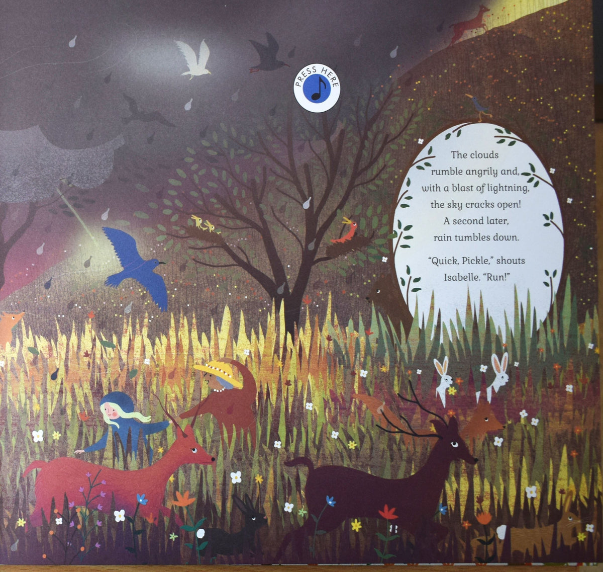 Story Orchestra Four Seasons interior page: stormy forest scene with Isabelle and woodland animals, press-here sound button