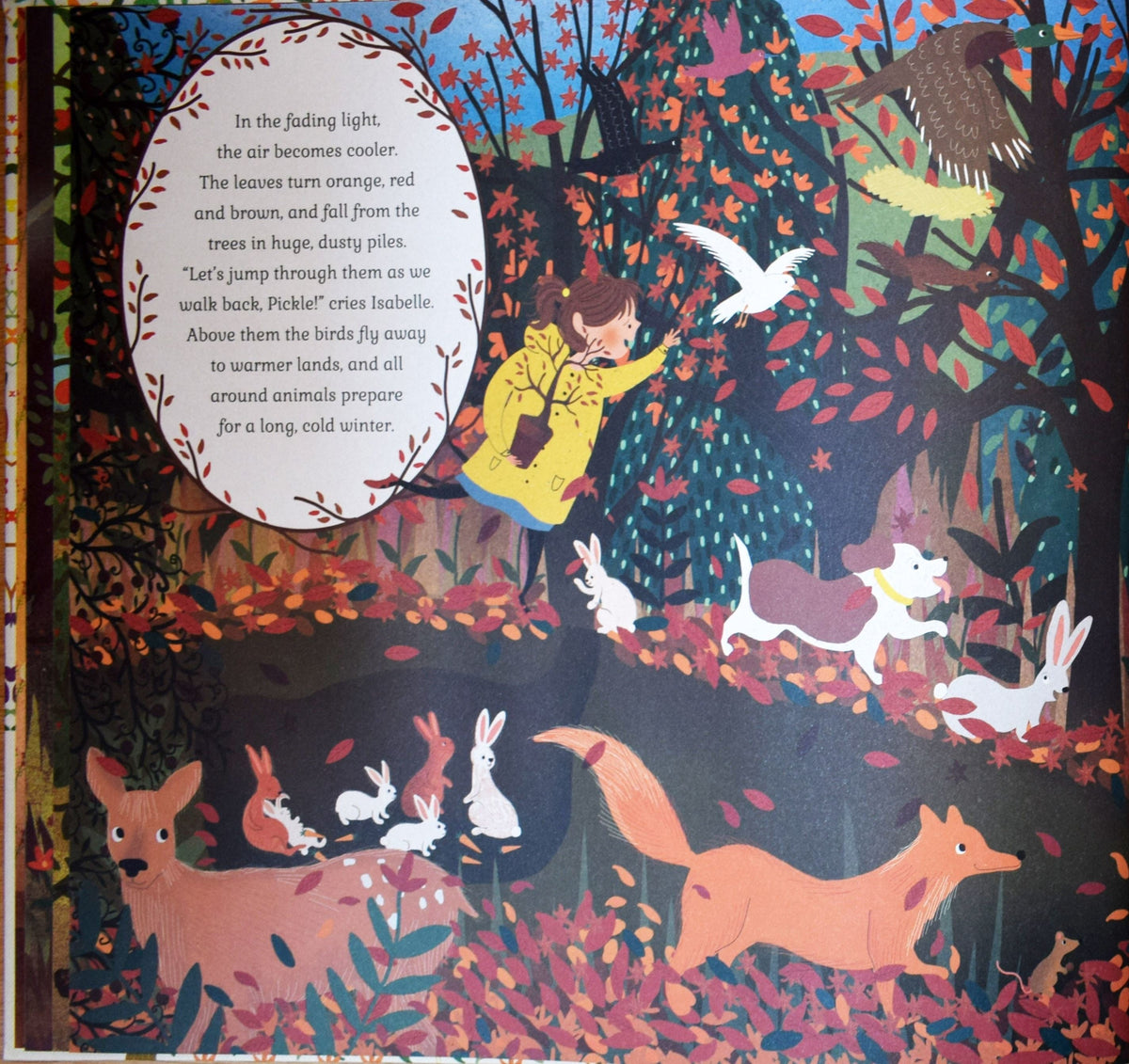 Interior autumn page from The Story Orchestra: Four Seasons in One Day, showing Isabelle leaping through leaves with