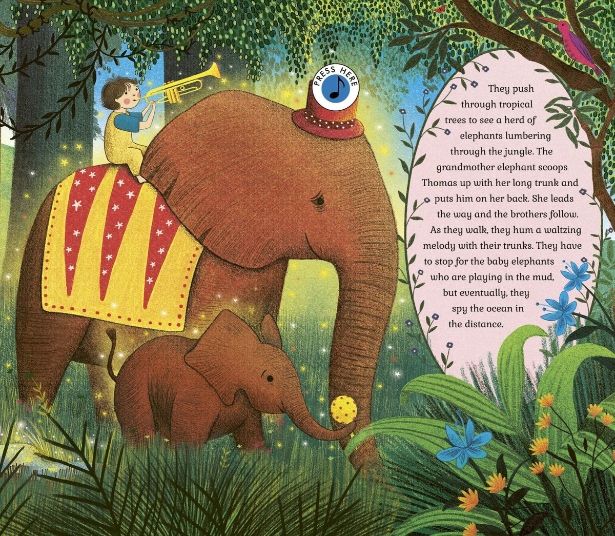 Interior page from The Story Orchestra Carnival of the Animals showing a child riding an elephant through a jungle