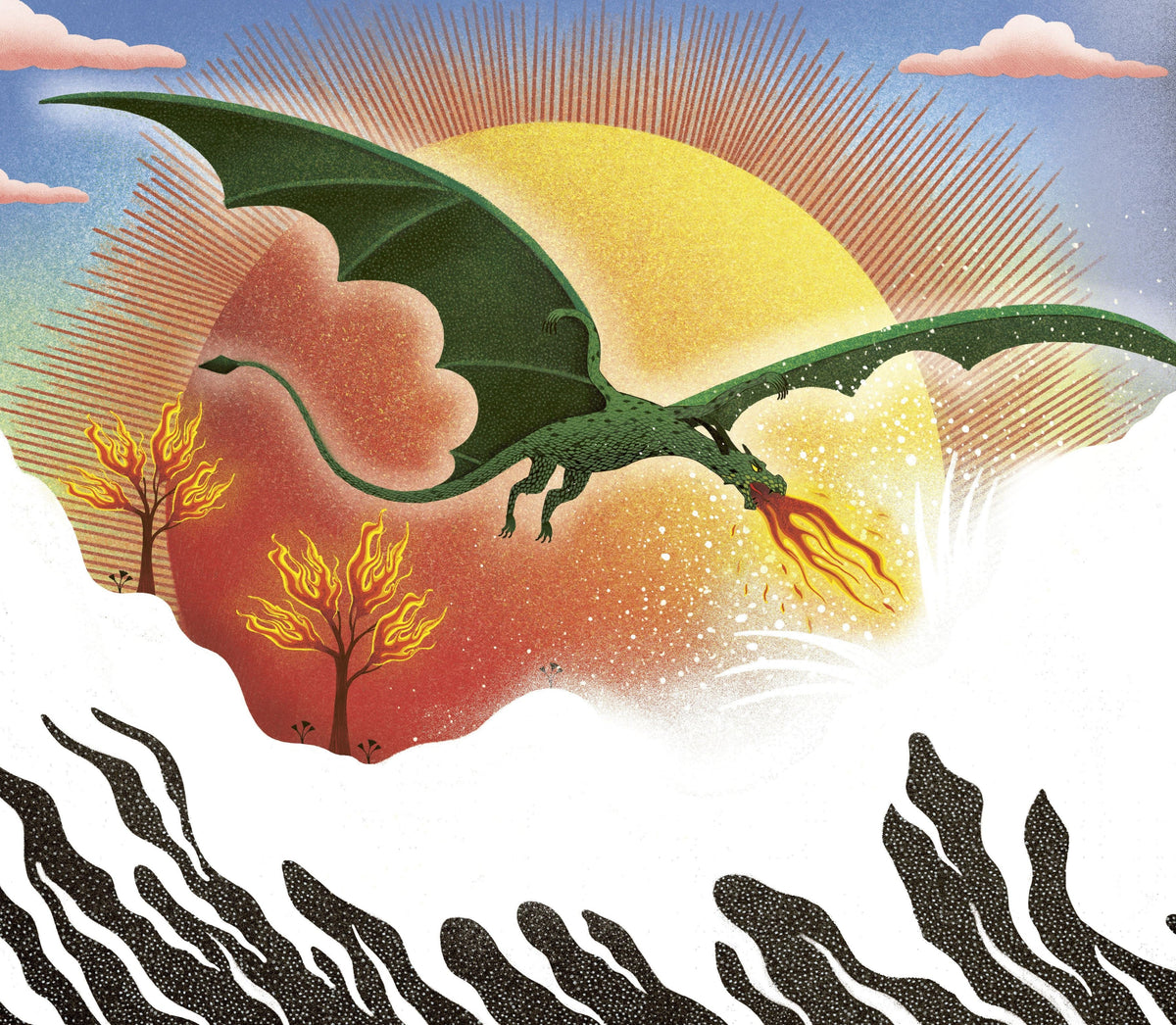 Interior illustration from The Story Orchestra: The Magic Flute showing a green dragon breathing fire past a golden sun