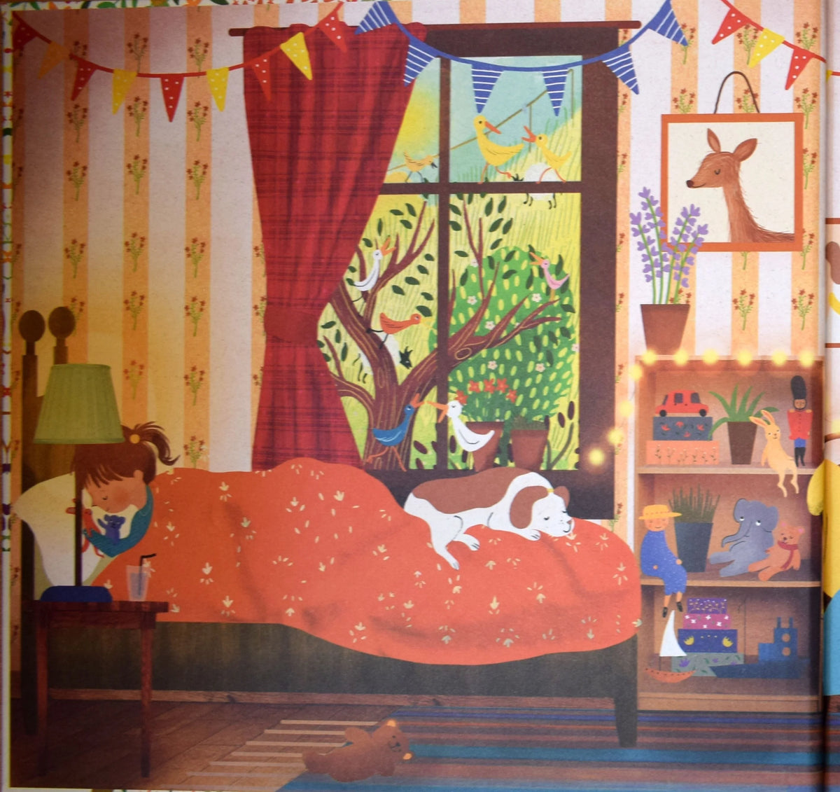 Story Orchestra Four Seasons illustration: Isabelle in bed with bear, dog Pickle on patterned bedspread, seasonal garden