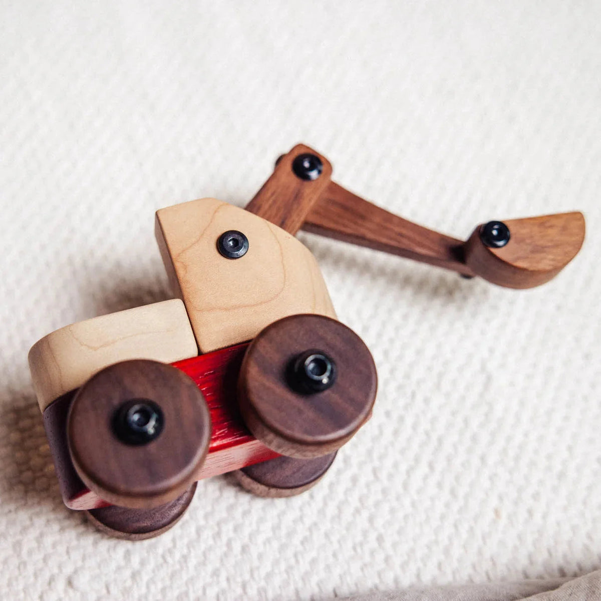 Complete Wooden Vehicles Set excavator from above, maple cab and walnut digging arm on a padauk chassis