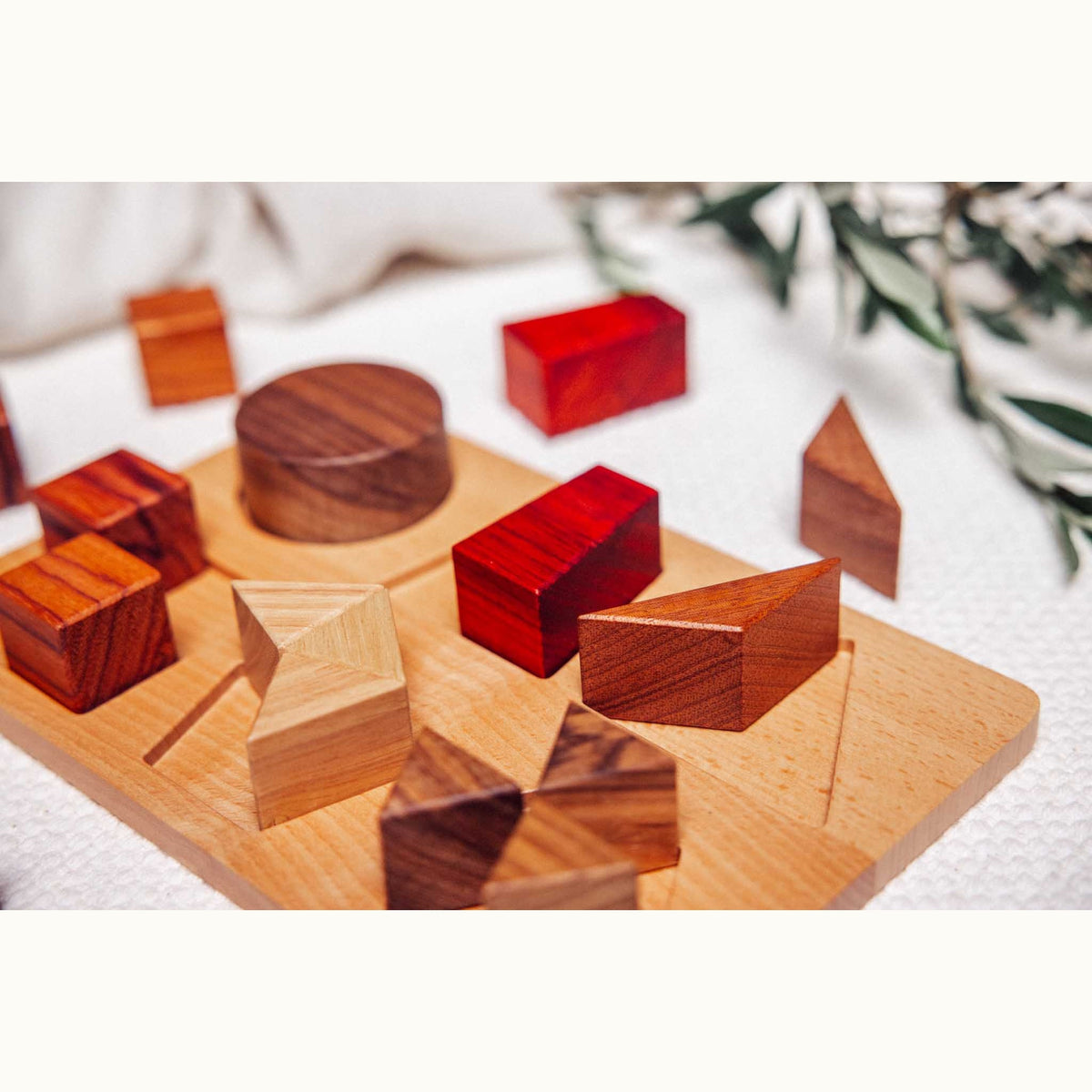 Geo Nest puzzle pieces disassembled on white waffle fabric, showing Padauk, Walnut, Tigerwood, Zebrano and Mahogany hardwoods