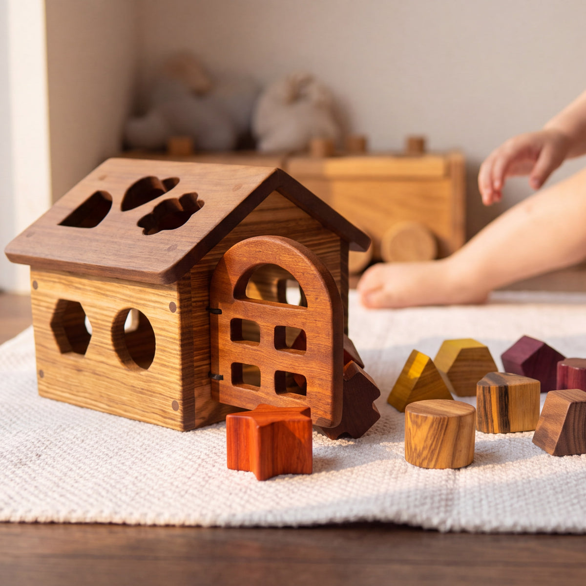 Shape Sorting House open on playmat, zebrano walls, walnut roof, padauk, purpleheart and movingui blocks scattered, child's