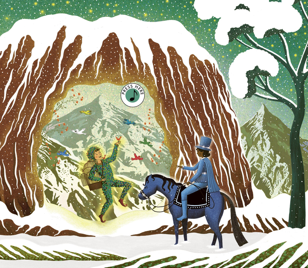 Story Orchestra Magic Flute book spread: winter scene with birdcage figure, blue horse, and glowing cave arch with