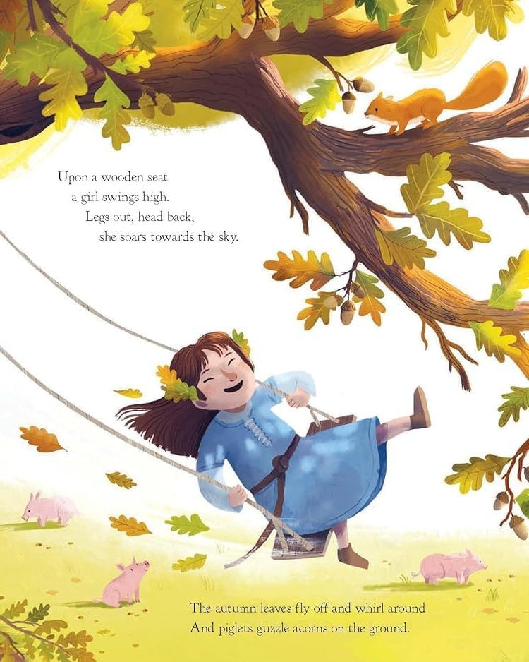 The Oak Tree board book interior: girl swinging on rope, red squirrel, piglets eating acorns, autumn leaves, Julia Donaldson