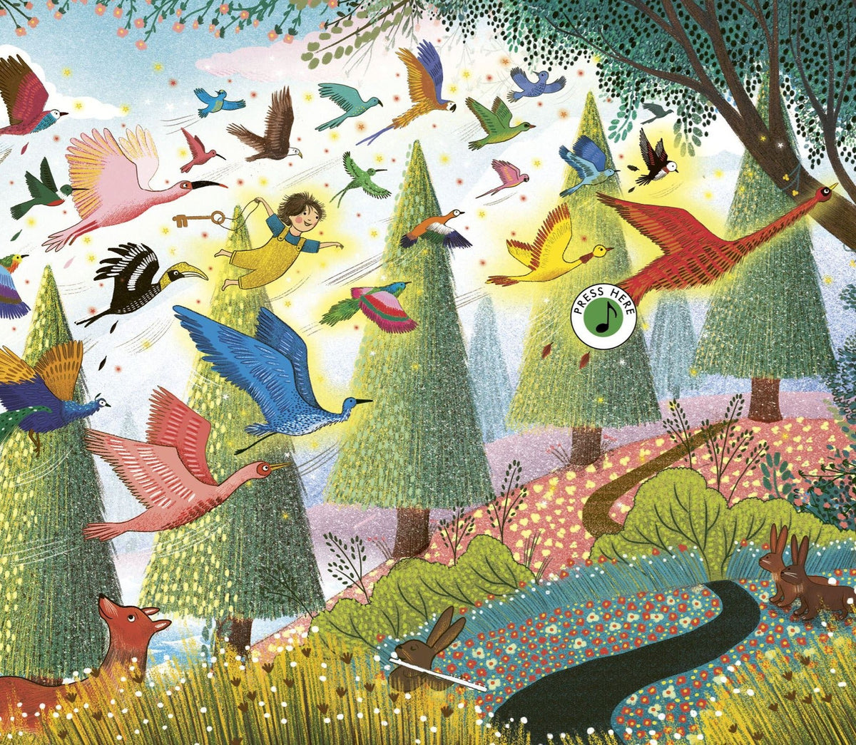 Story Orchestra Carnival of the Animals interior illustration: child flying through enchanted forest with exotic birds and