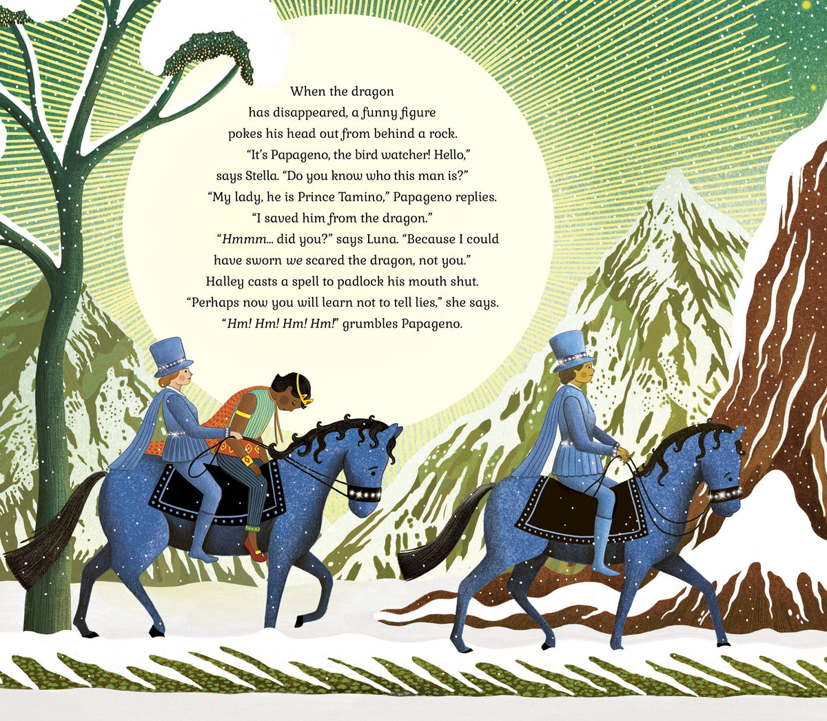Interior spread from The Story Orchestra: The Magic Flute showing three riders on blue horses in a snowy mountain landscape