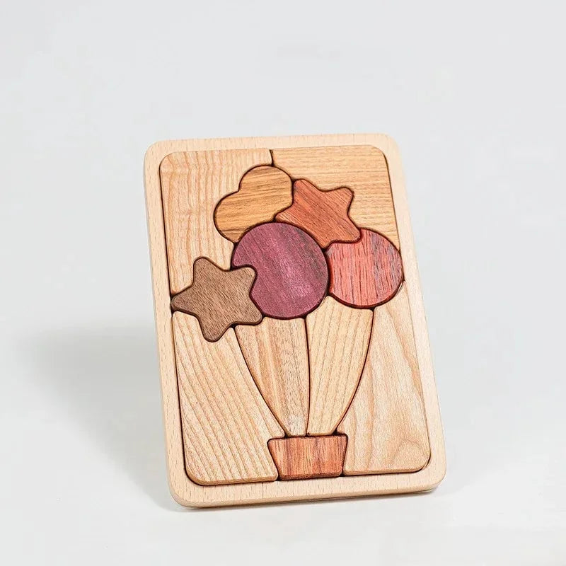 Sky Bloom balloon puzzle fully assembled in beech frame, showing Purpleheart, Padauk, Tigerwood, Walnut and Zebrano pieces