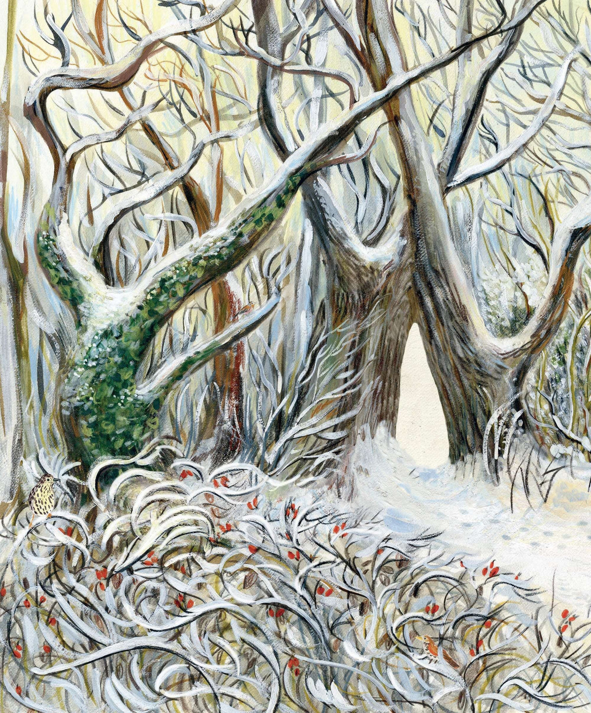 Mouse's Wood board book cover art: winter woodland scene with bare trees, red berries, and small birds in snow