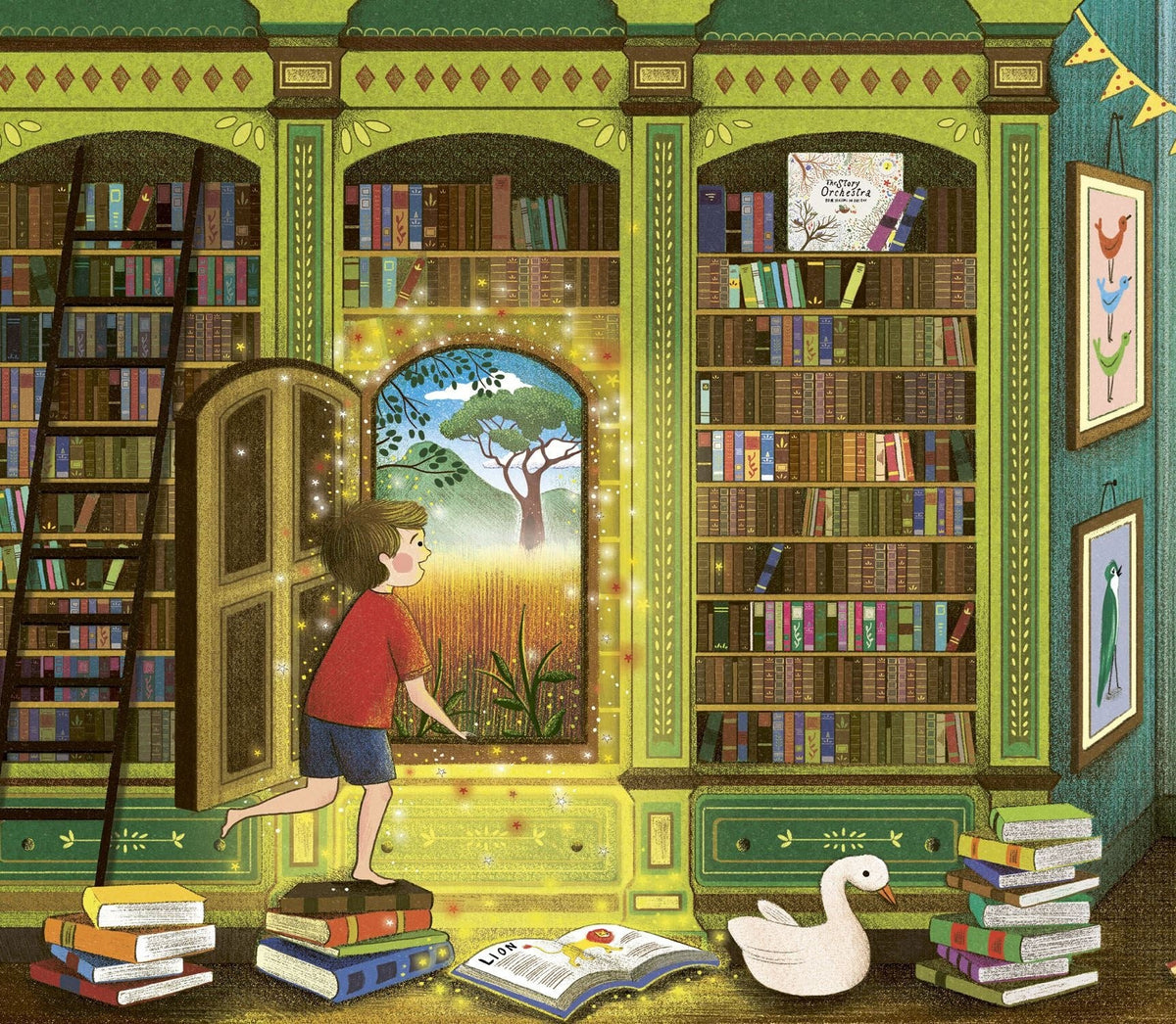Story Orchestra Carnival of the Animals: boy reaching glowing bookcase doorway revealing sunlit savannah, swan and open book