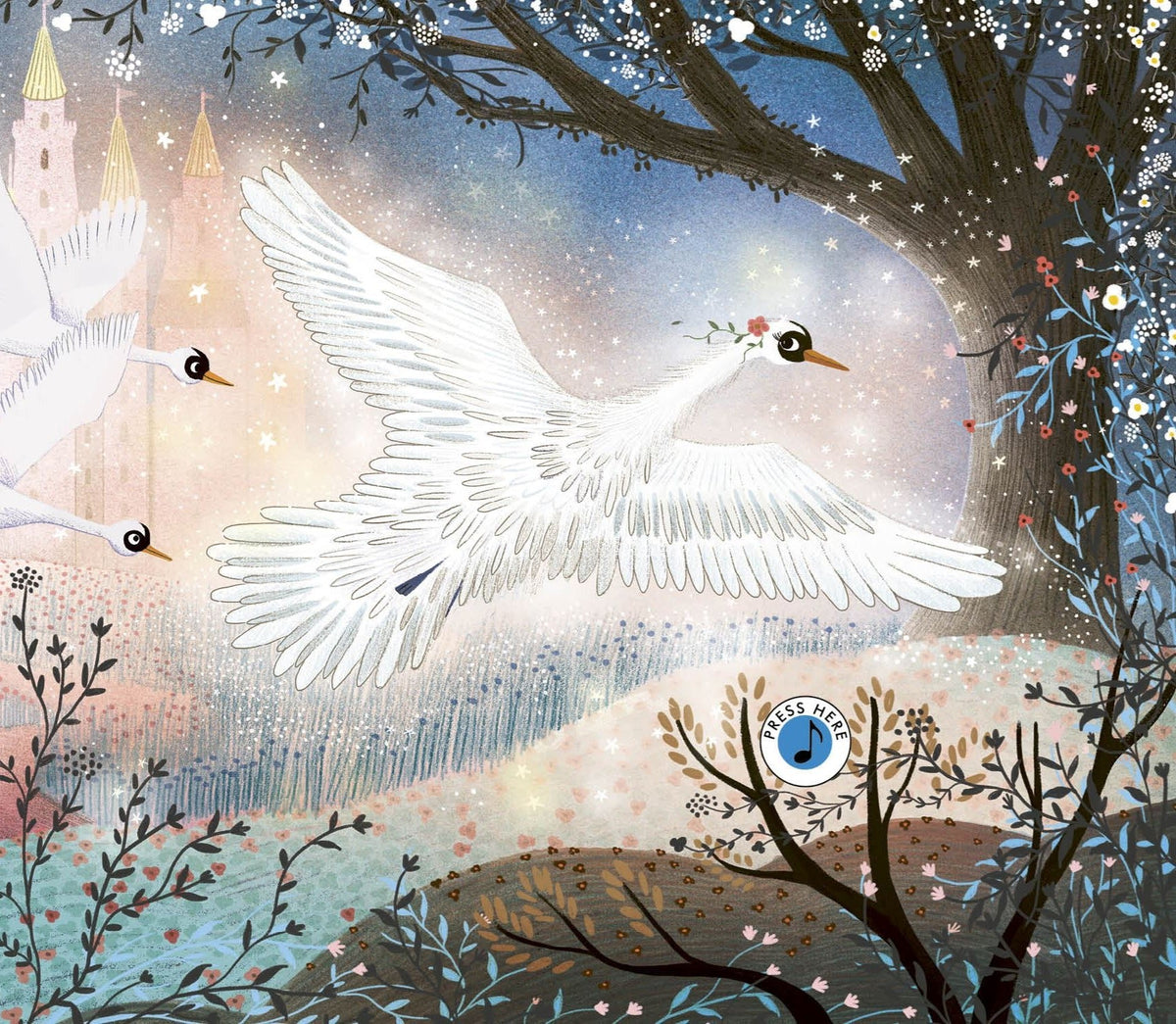 The Story Orchestra Swan Lake interior spread showing swans in flight over a castle landscape with a blue Press Here sound