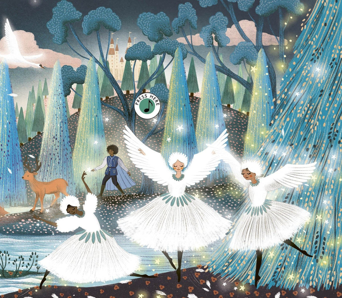 The Story Orchestra Swan Lake interior spread showing swan maidens dancing in a moonlit forest with a Press Here musical