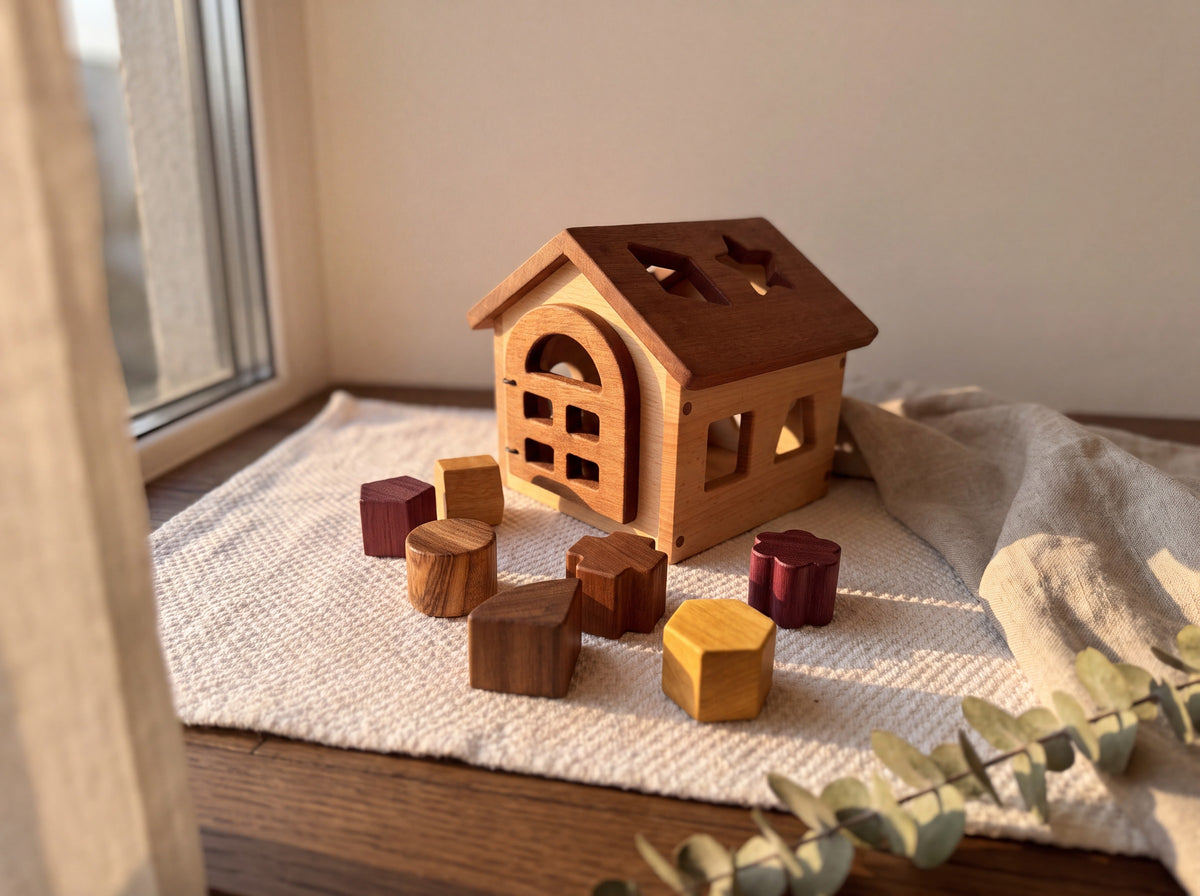 Shape Sorter House in beech and mahogany on a sunlit windowsill with hardwood blocks on a cream mat
