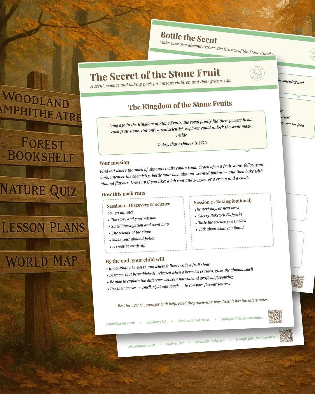 Secret of the Stone Fruit activity pack sheets showing scent, science and baking resources, displayed against autumnal