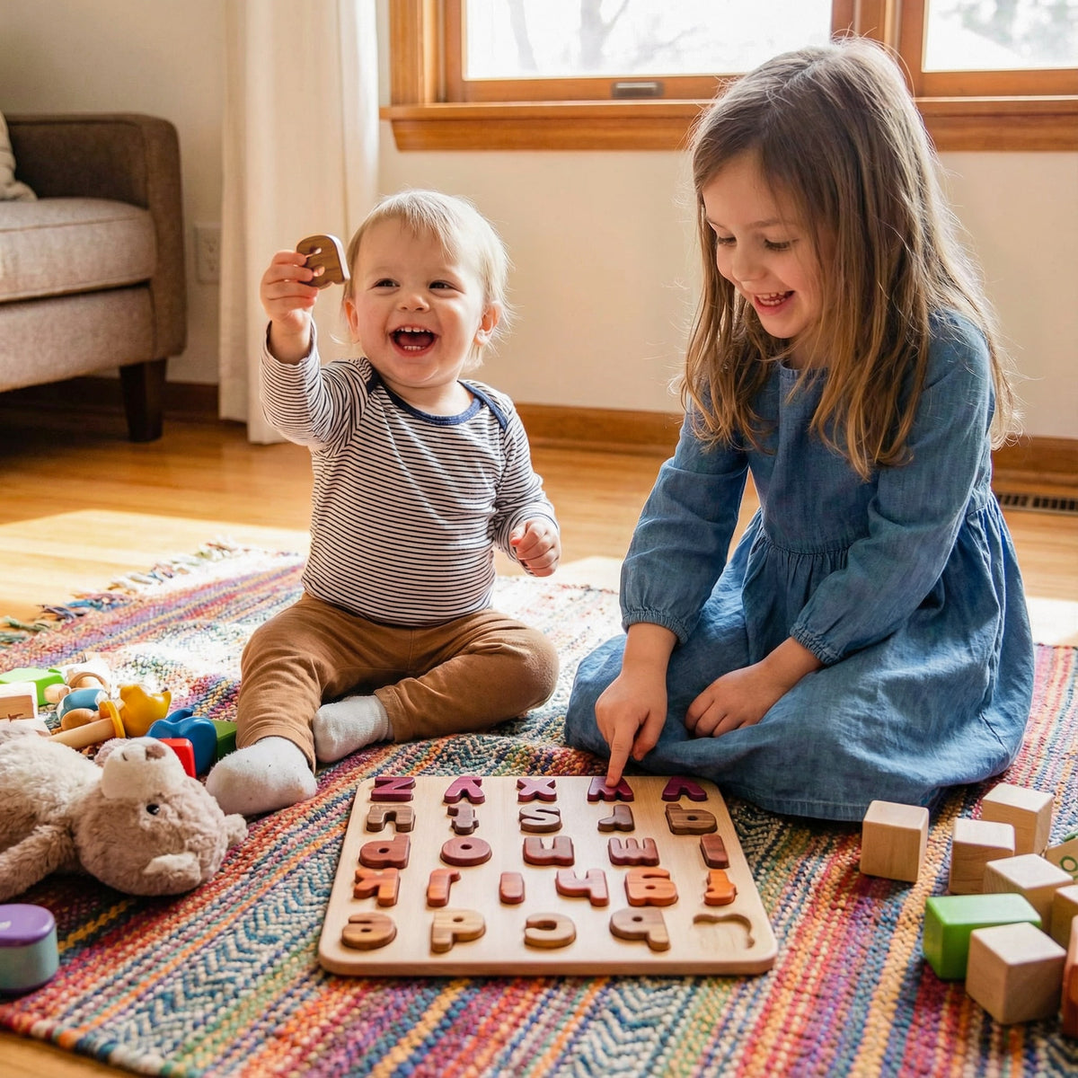 Children playing with Oak & Sprout alphabet puzzle board showing Padauk, Purpleheart, Tigerwood and Maple letter pieces on