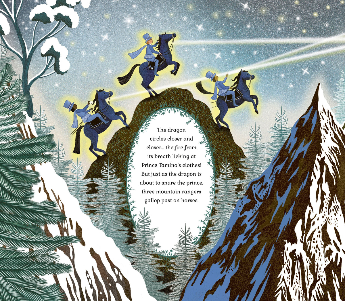 The Story Orchestra: The Magic Flute interior spread showing three glowing riders galloping across a rocky mountain arch at