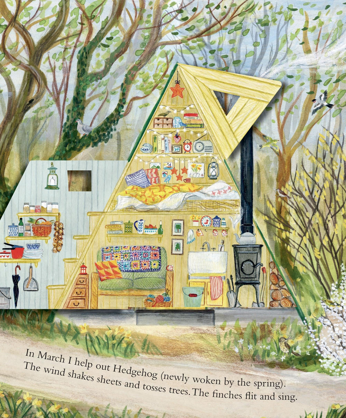 Mouse's Wood book interior: Hedgehog's A-frame cabin cross-section, spring woodland scene with daffodils and finches.