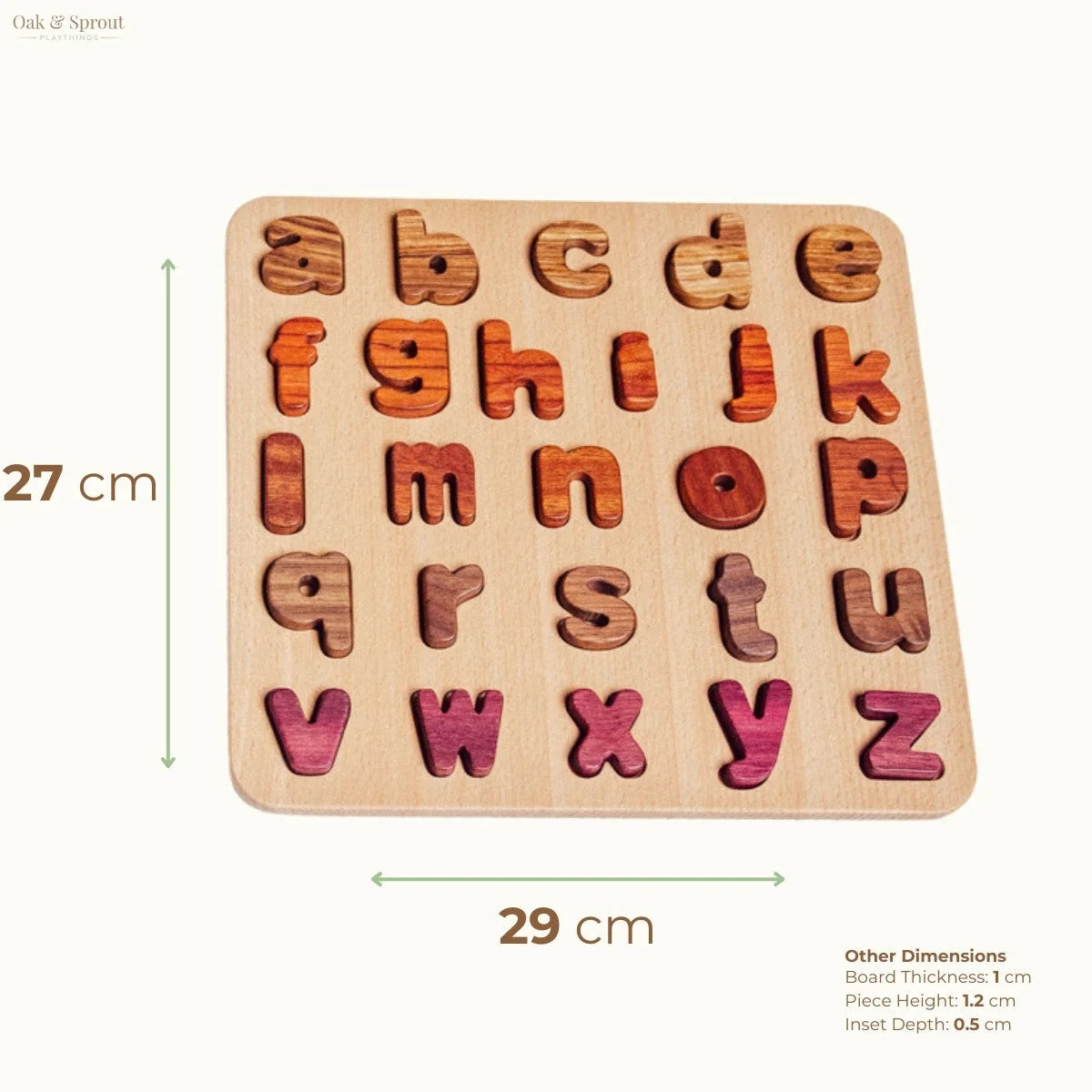 Oak & Sprout lowercase alphabet puzzle fully assembled, showing tigerwood, mahogany, walnut and purpleheart letters in board 
