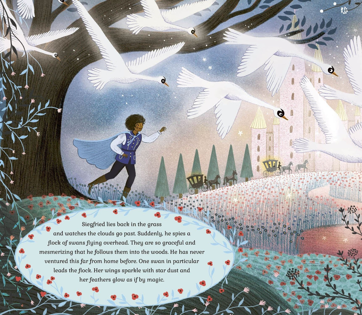The Story Orchestra Swan Lake interior illustration: Prince Siegfried watches white swans fly toward an illuminated castle