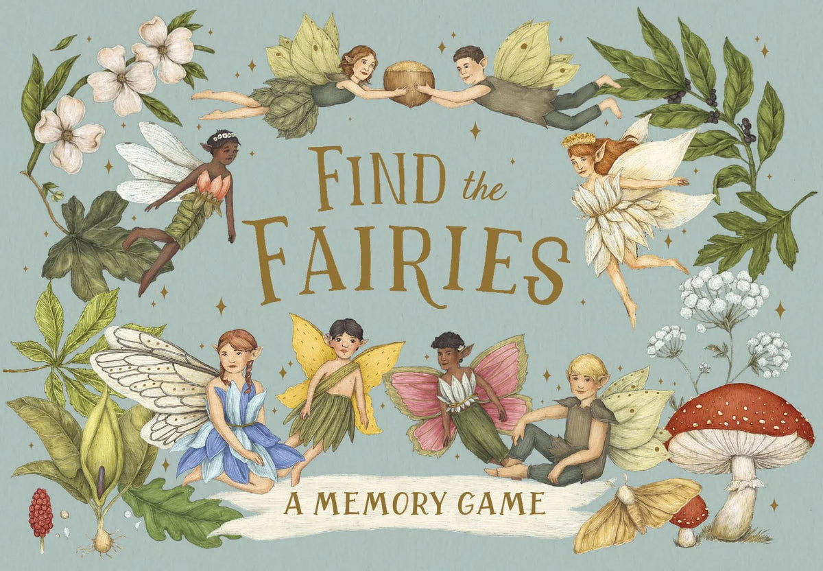 Find the Fairies Memory Game box cover with gold title, watercolour fairies, mushrooms and botanical illustrations