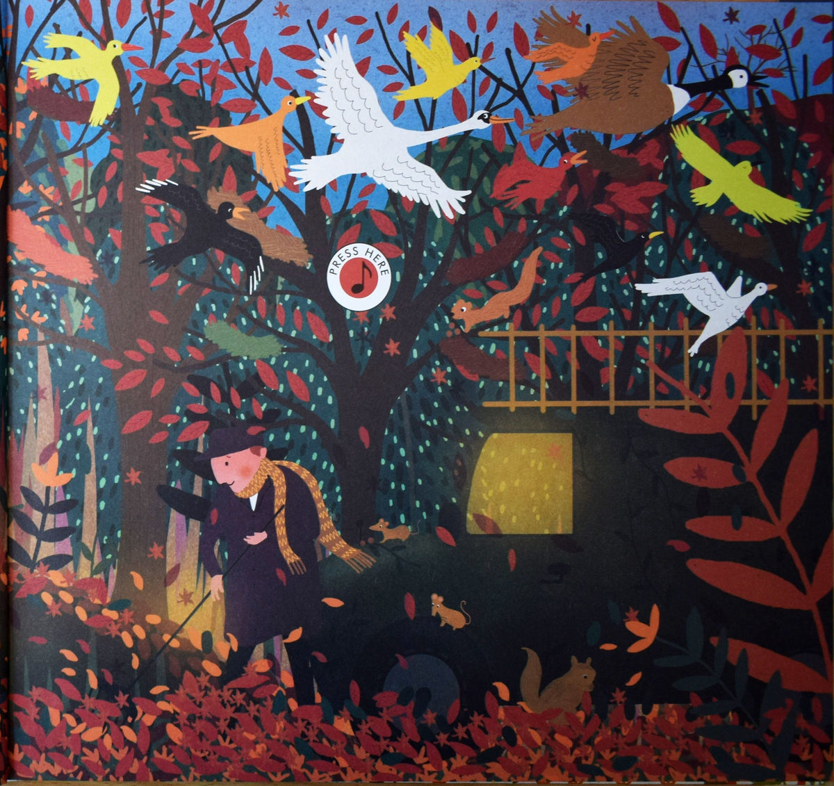 Story Orchestra Four Seasons book page: autumn scene with birds, squirrels, falling leaves, and a press-here sound button