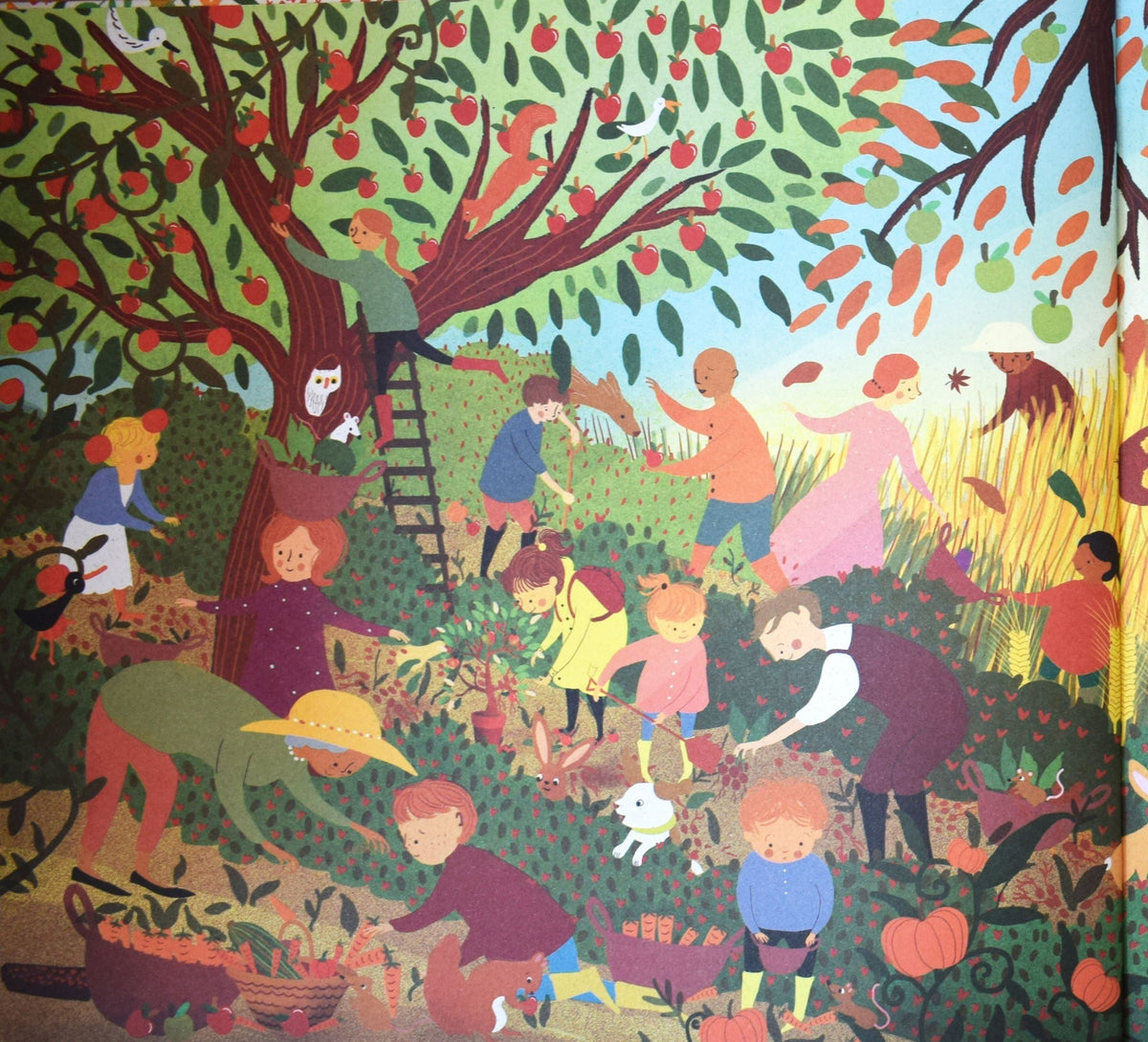 Illustrated book page from The Story Orchestra: Four Seasons in One Day showing folk-art autumn harvest scene with children