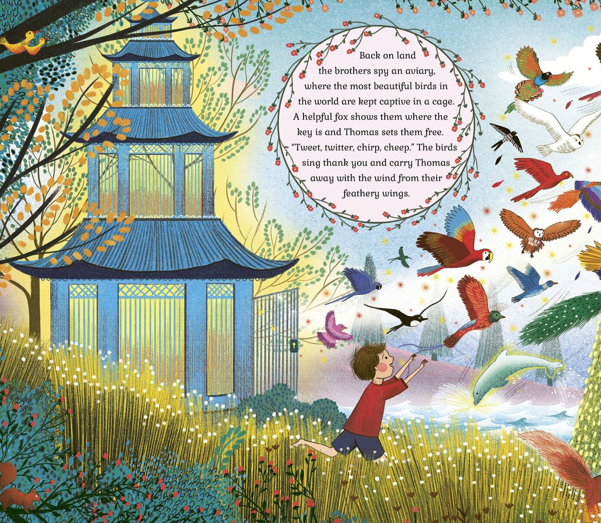 Interior illustration from The Story Orchestra: Carnival of the Animals showing boy releasing exotic birds from a blue
