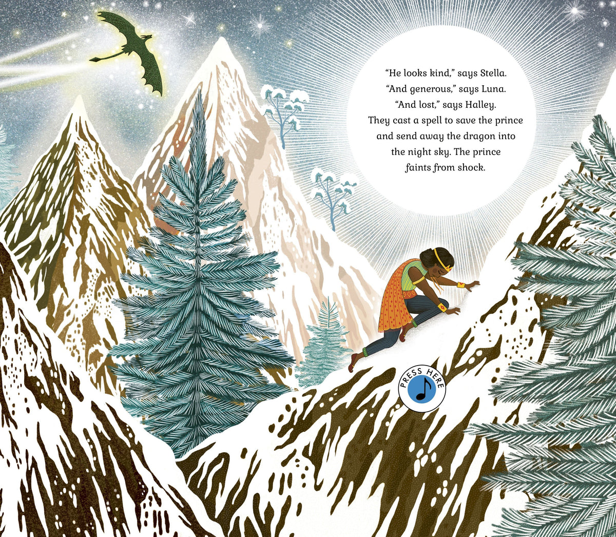 The Story Orchestra: The Magic Flute interior spread showing snowy mountain scene with dragon, starlit sky, and interactive
