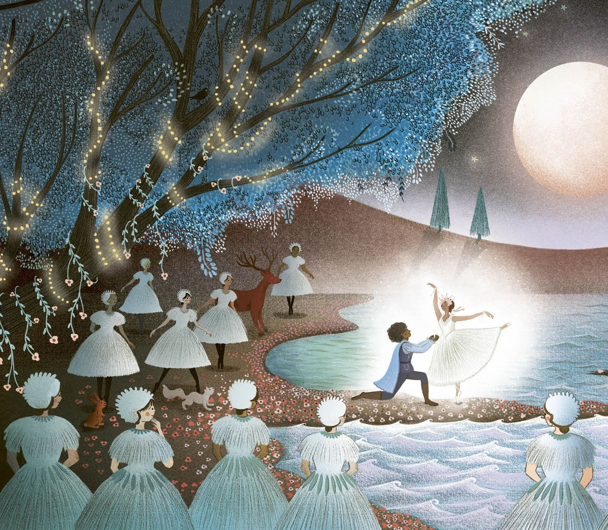 Story Orchestra Swan Lake illustrated scene: ballerina, swans, stag, and moonlit lake in deep blue and teal tones