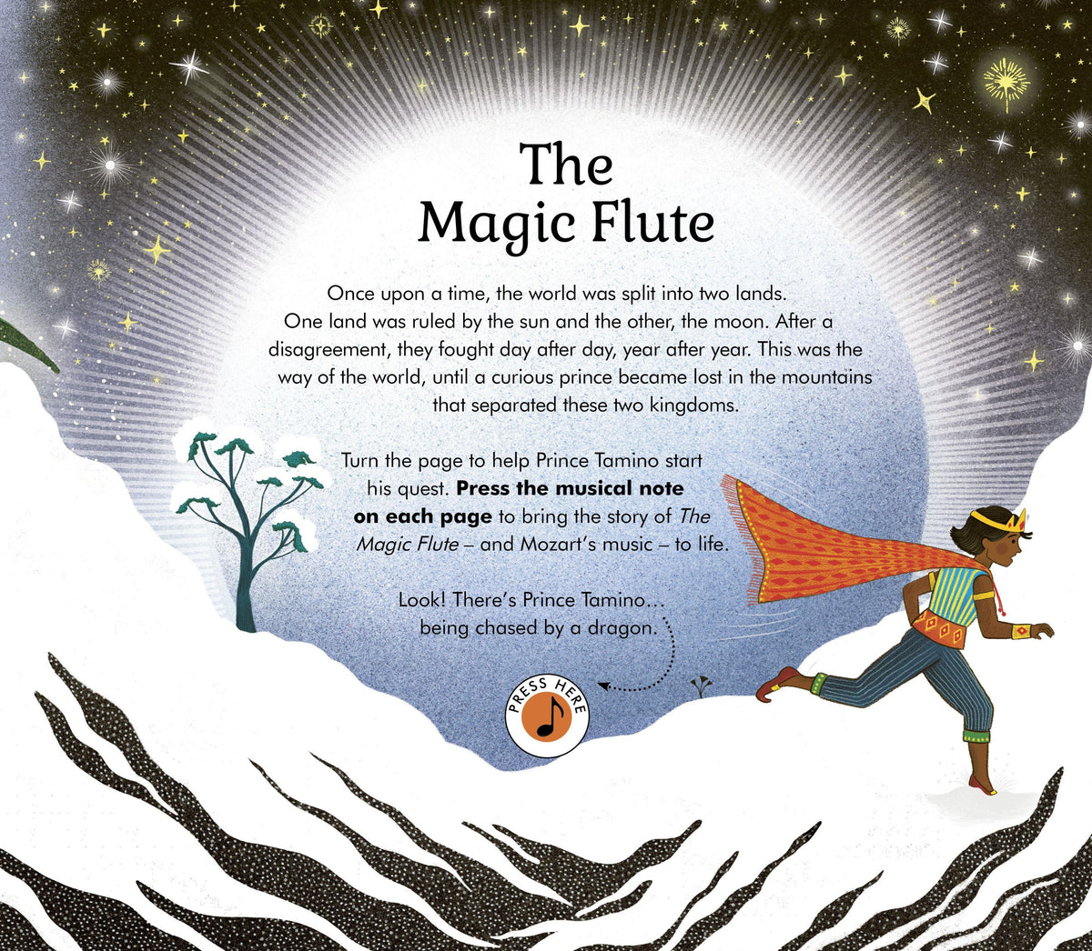 The Story Orchestra Magic Flute interior spread showing Prince Tamino chased by dragon with press-to-play musical note button