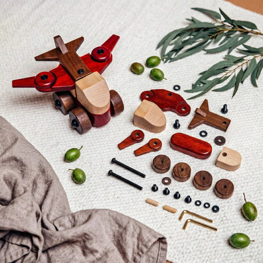 Walnut & Padauk Aeroplane kit: assembled plane beside loose walnut, padauk and maple components, screws and hex keys on cream