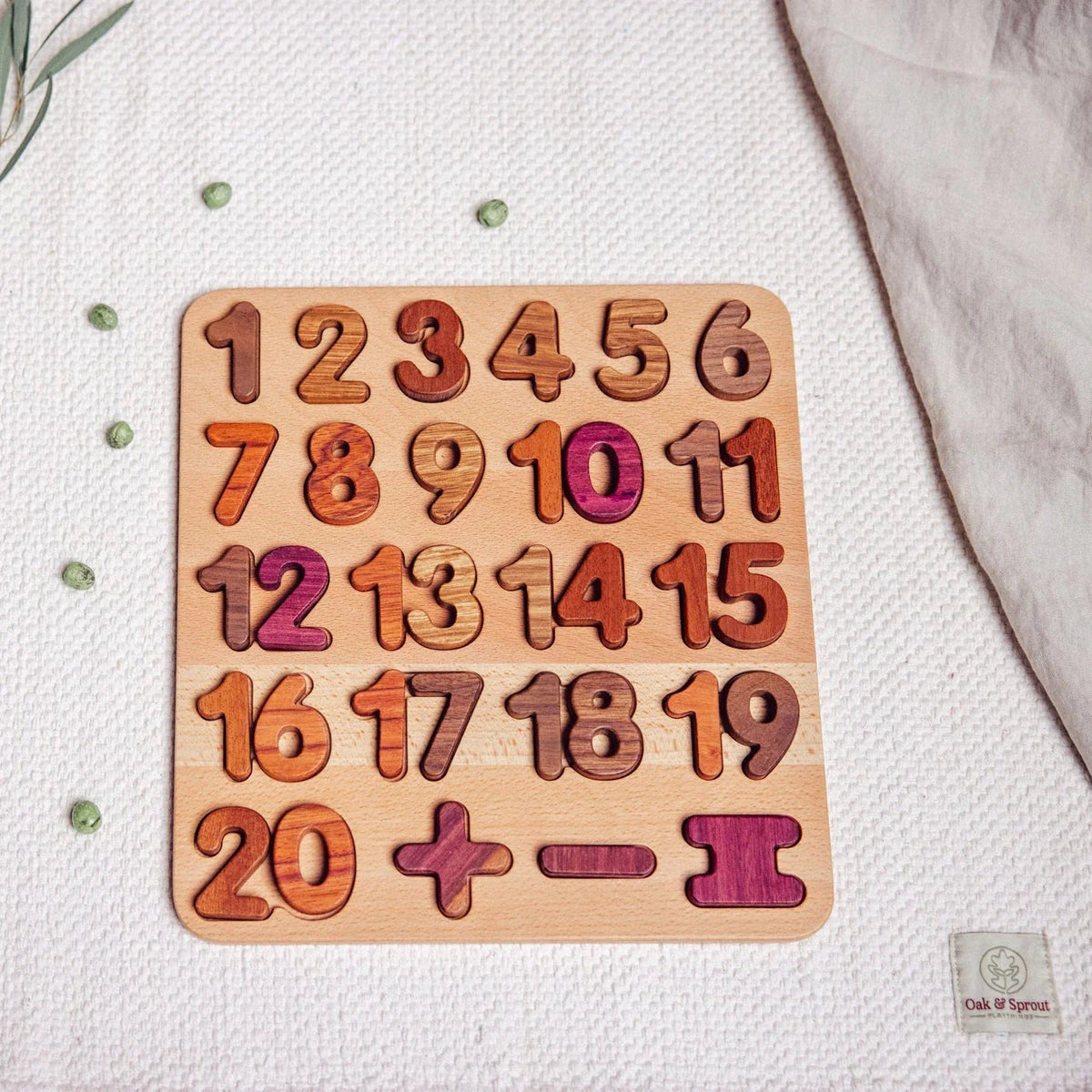Literacy & Numeracy Bundle number board 1–20 with plus, minus and equals pieces in padauk, purpleheart and walnut