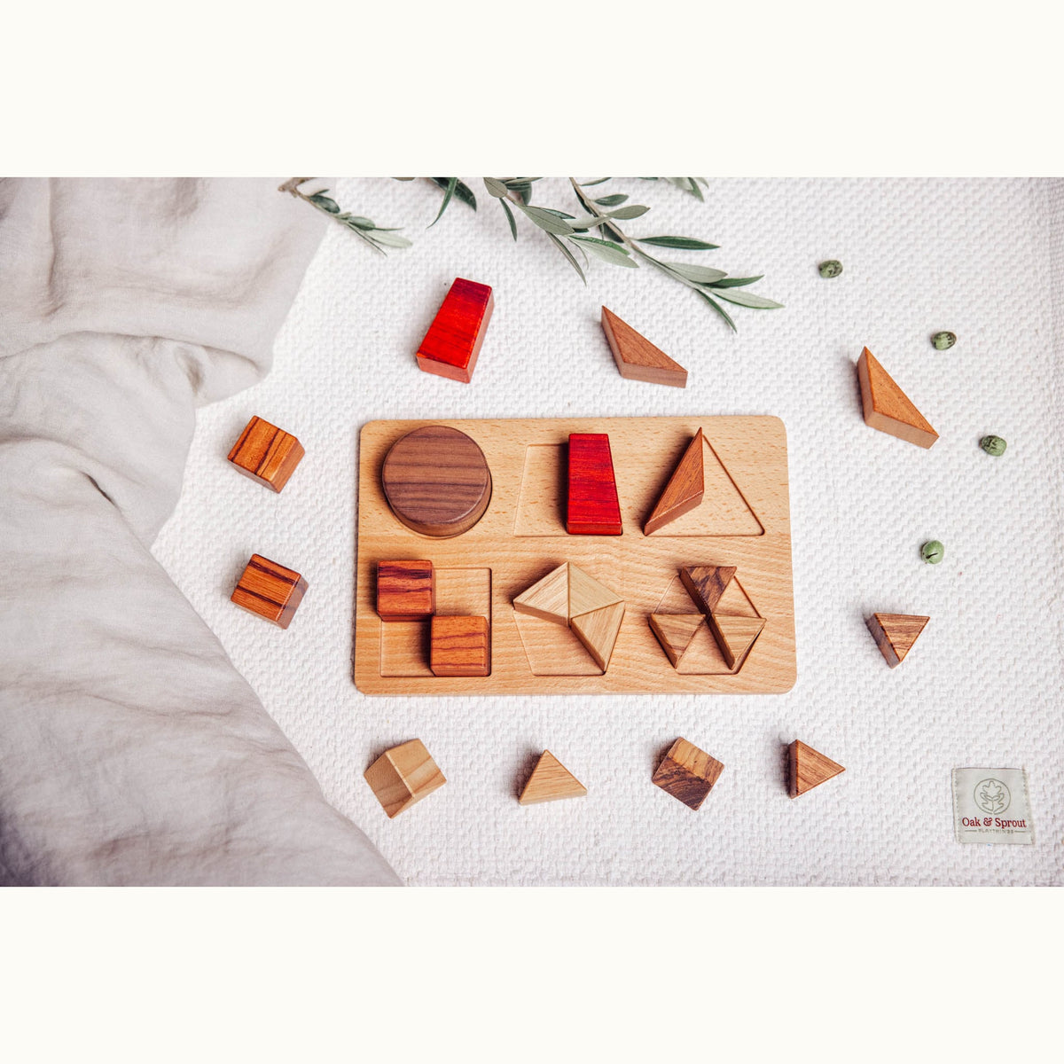 Geo Nest shape puzzle partially assembled on white playmat, walnut circle, padauk trapezoid, zebrano square and loose pieces 
