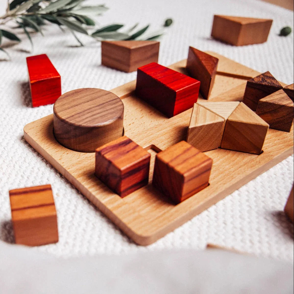 Geo Nest puzzle pieces scattered mid-play: walnut cylinder, padauk rectangles, tigerwood cubes, zebrano triangle on rubberwoo