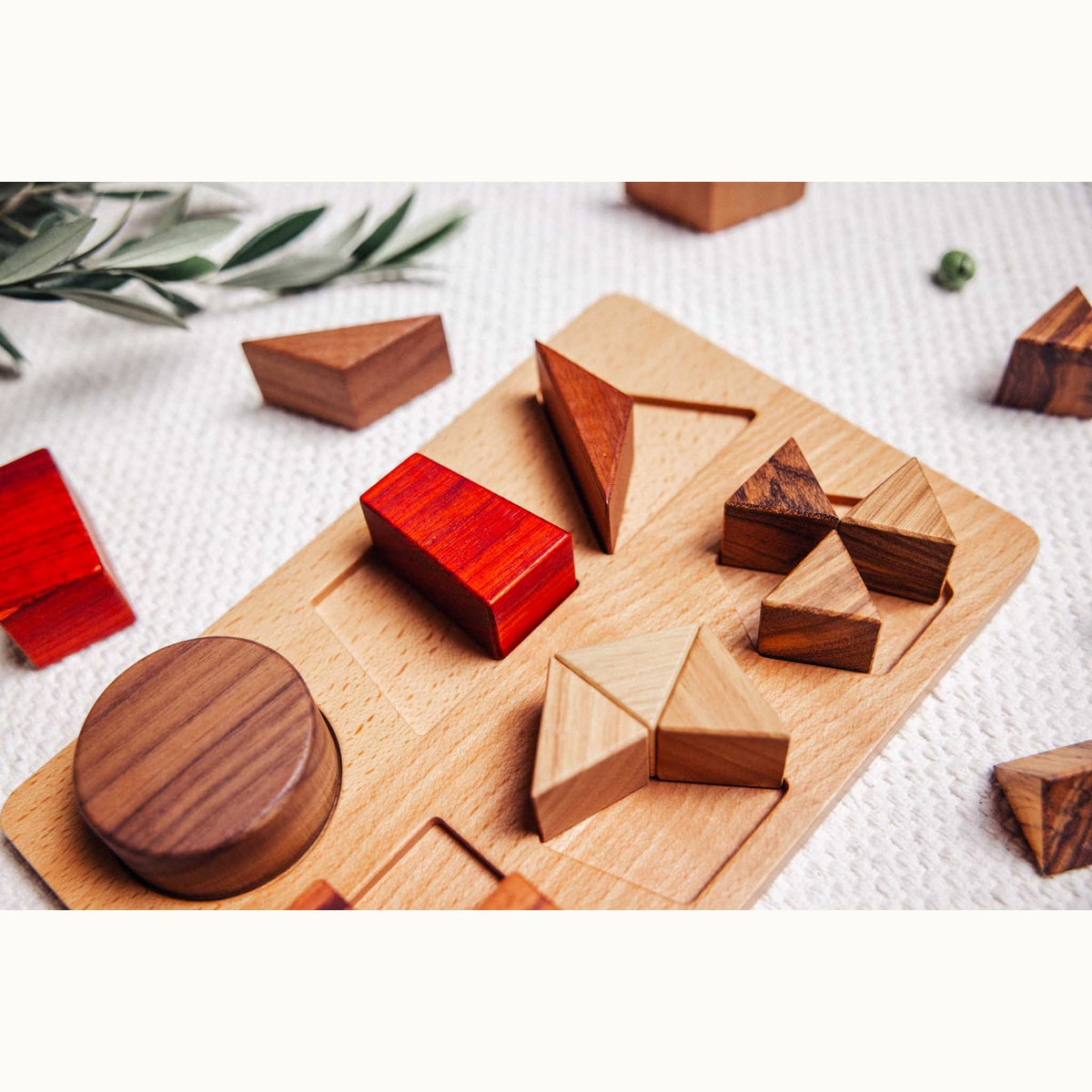 Geo Nest fraction puzzle pieces scattered on waffle playmat, showing Padauk, Walnut and Tigerwood shapes with eucalyptus spri
