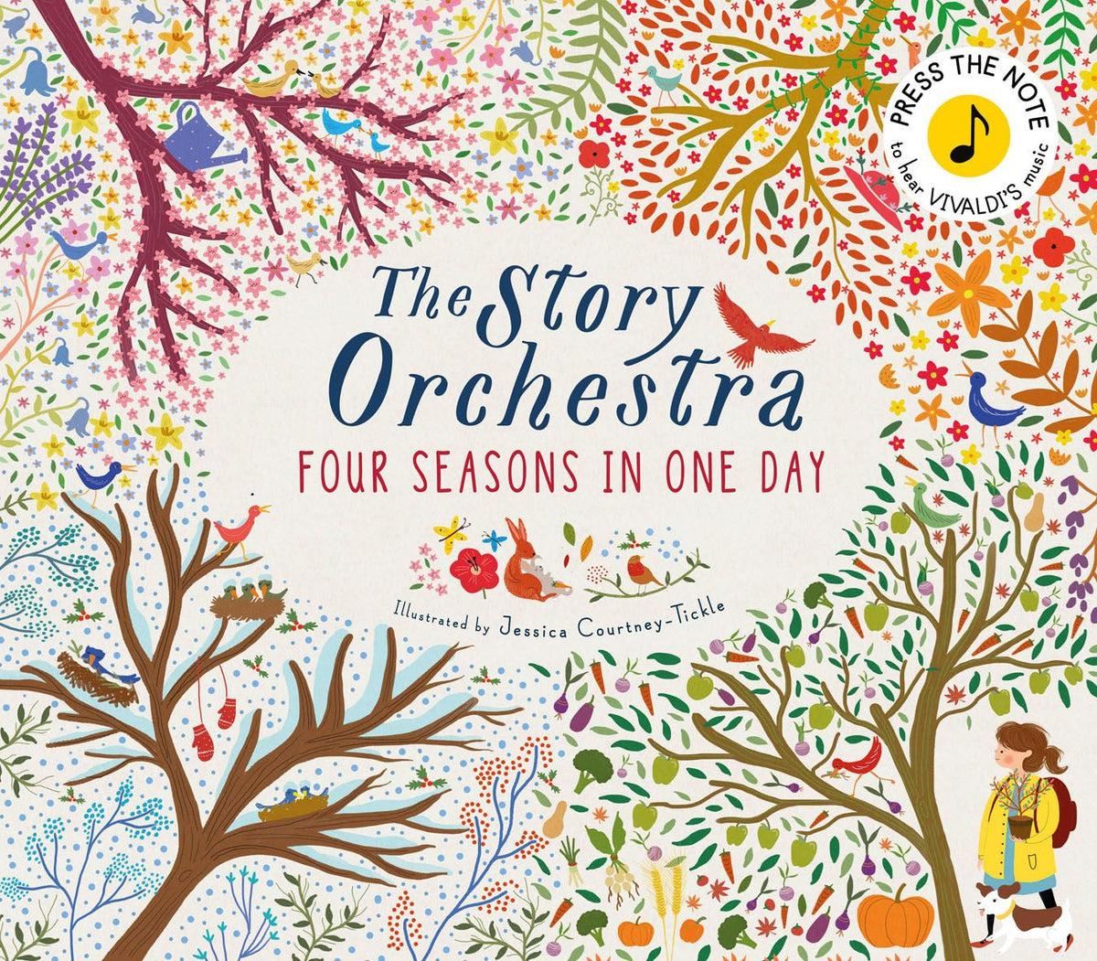 Front cover of The Story Orchestra: Four Seasons in One Day, showing four seasonal trees and a girl in a yellow raincoat