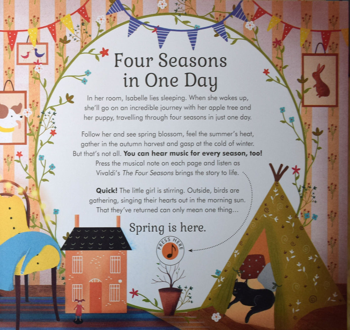 Story Orchestra Four Seasons in One Day book interior spread with folk-art illustrations and press-here musical note button