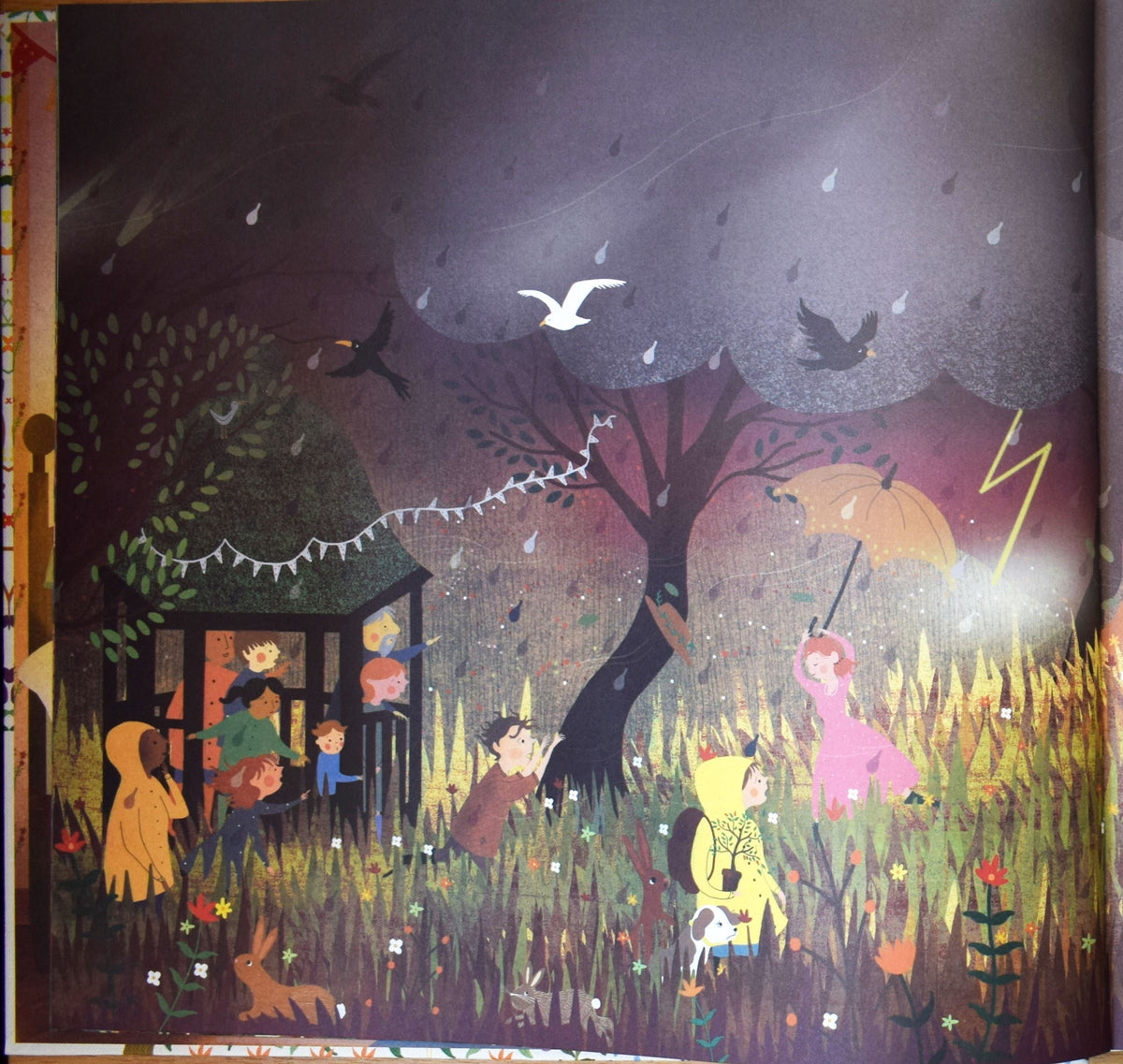 Story Orchestra Four Seasons illustration: stormy scene with children, dog, lightning and girl in pink holding umbrella in