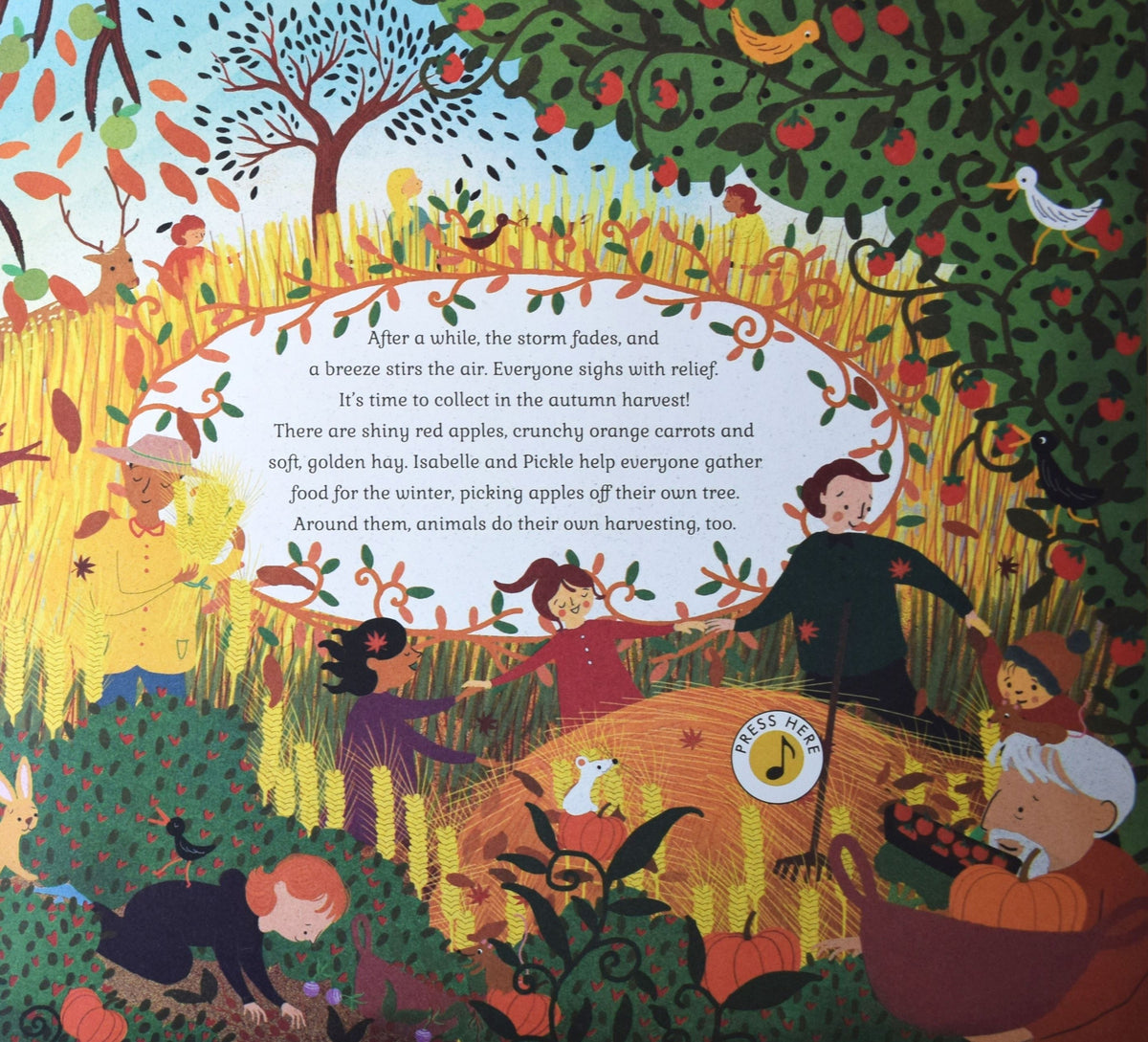 Story Orchestra Four Seasons in One Day open to autumn harvest scene with interactive Press Here sound button