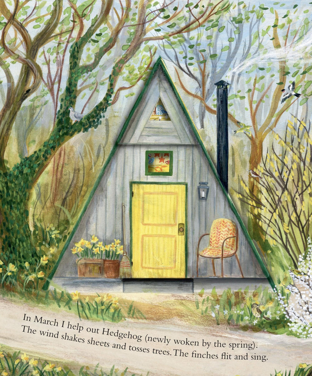 Mouse's Wood book illustration: A-frame cottage with yellow door, daffodils, birds, and budding spring trees in March scene