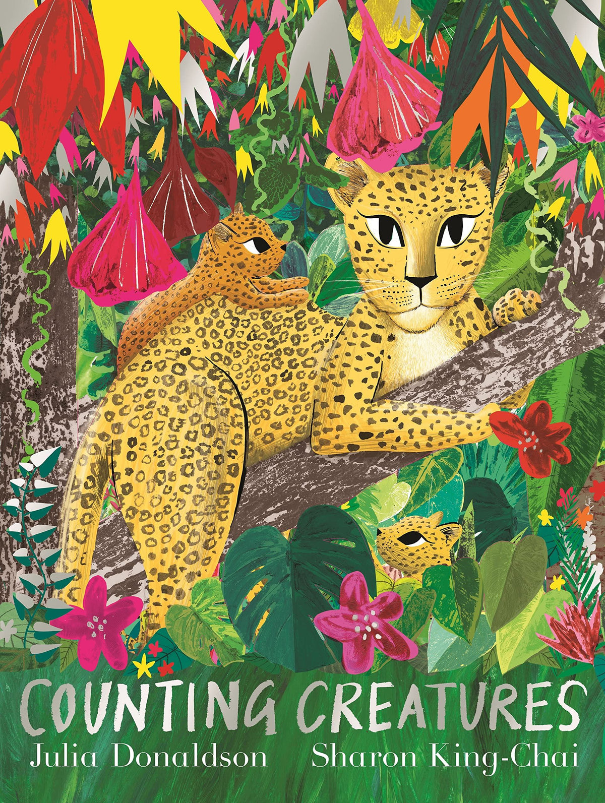 Counting Creatures book cover by Julia Donaldson, illustrated jungle scene with leopards and tropical flowers