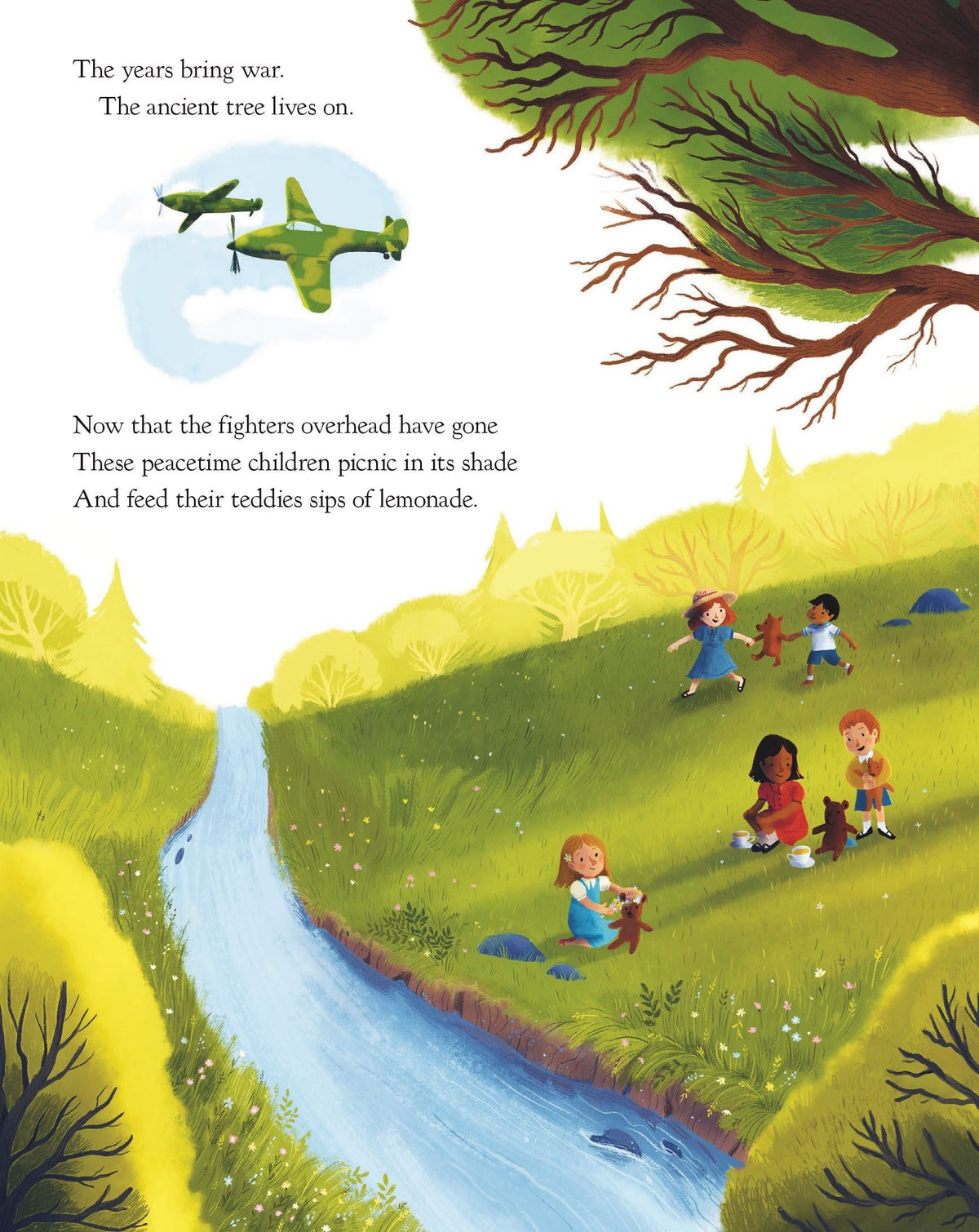 The Oak Tree book interior illustration: children picnicking under an ancient oak by a river, wartime to peacetime scene