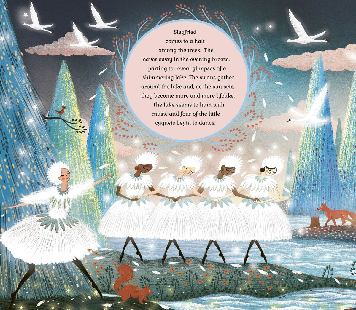 The Story Orchestra: Swan Lake interior spread showing the Dance of the Little Cygnets illustration with moonlit forest and